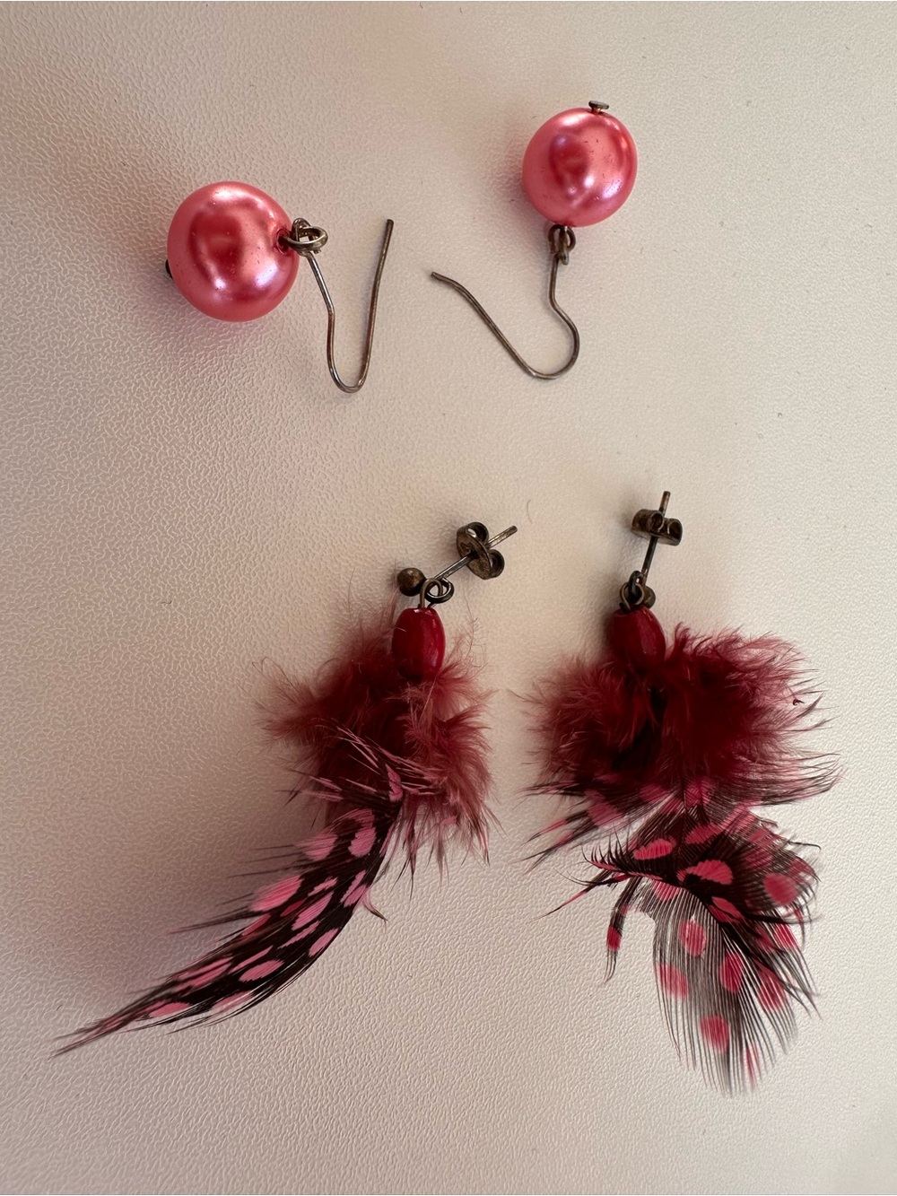 Pink Pearl Studs & Pink Feather Drop Earrings - Women